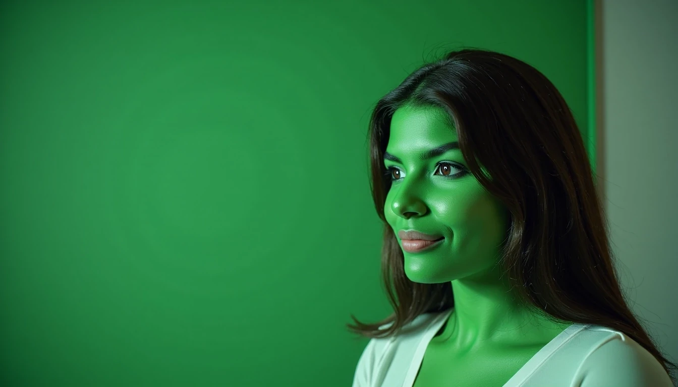 photo of woman CSTMDL with green skin, her skin should be green, score_9,score_10