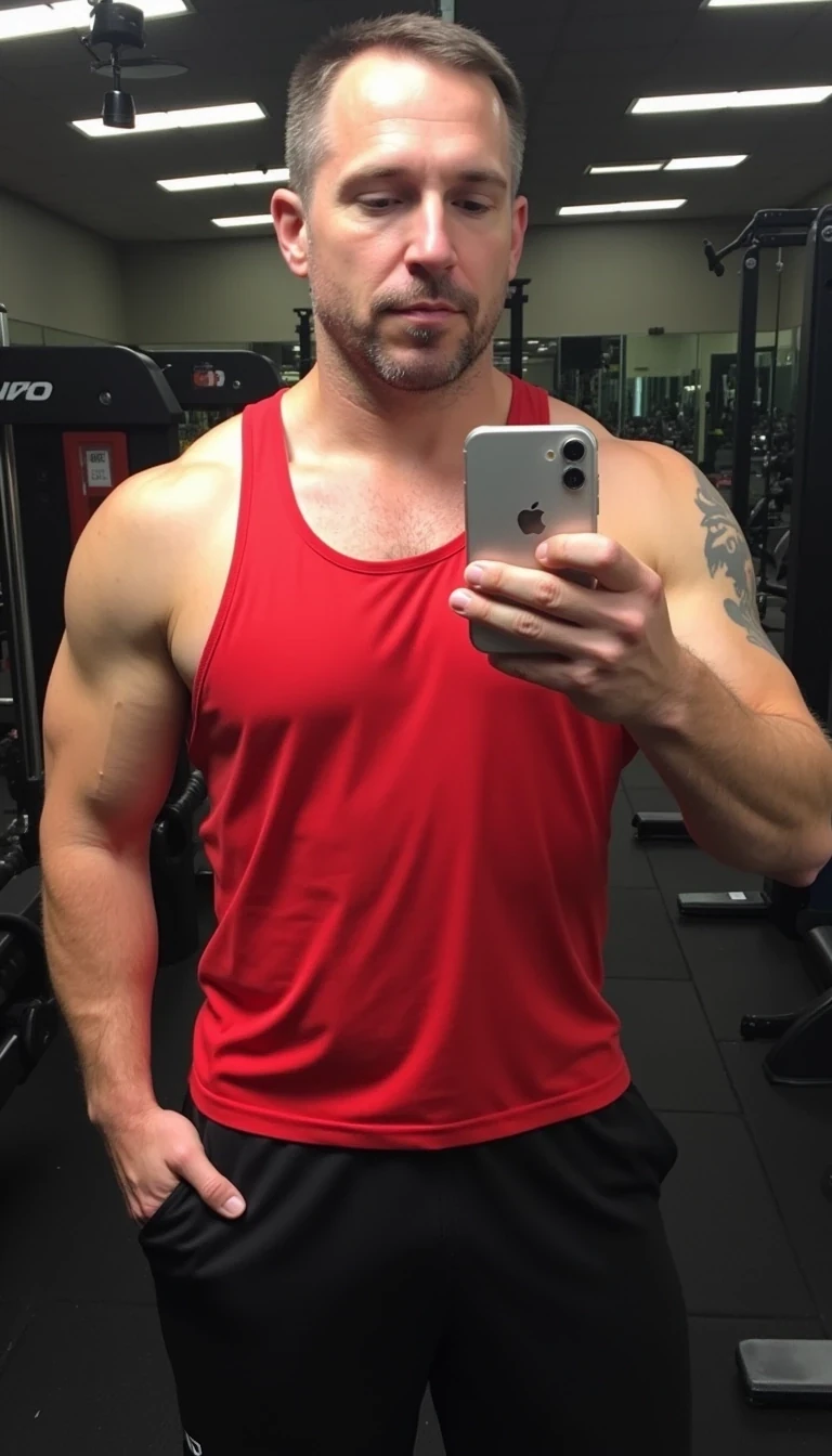iphone 16 mirror selfie of man in his mid 30s CSTMDL, he is muscular and thick with some abdominal definition. he is at the gym. he is wearing black gym shorts and a red performance tanktop no shirt. he has no tattoos