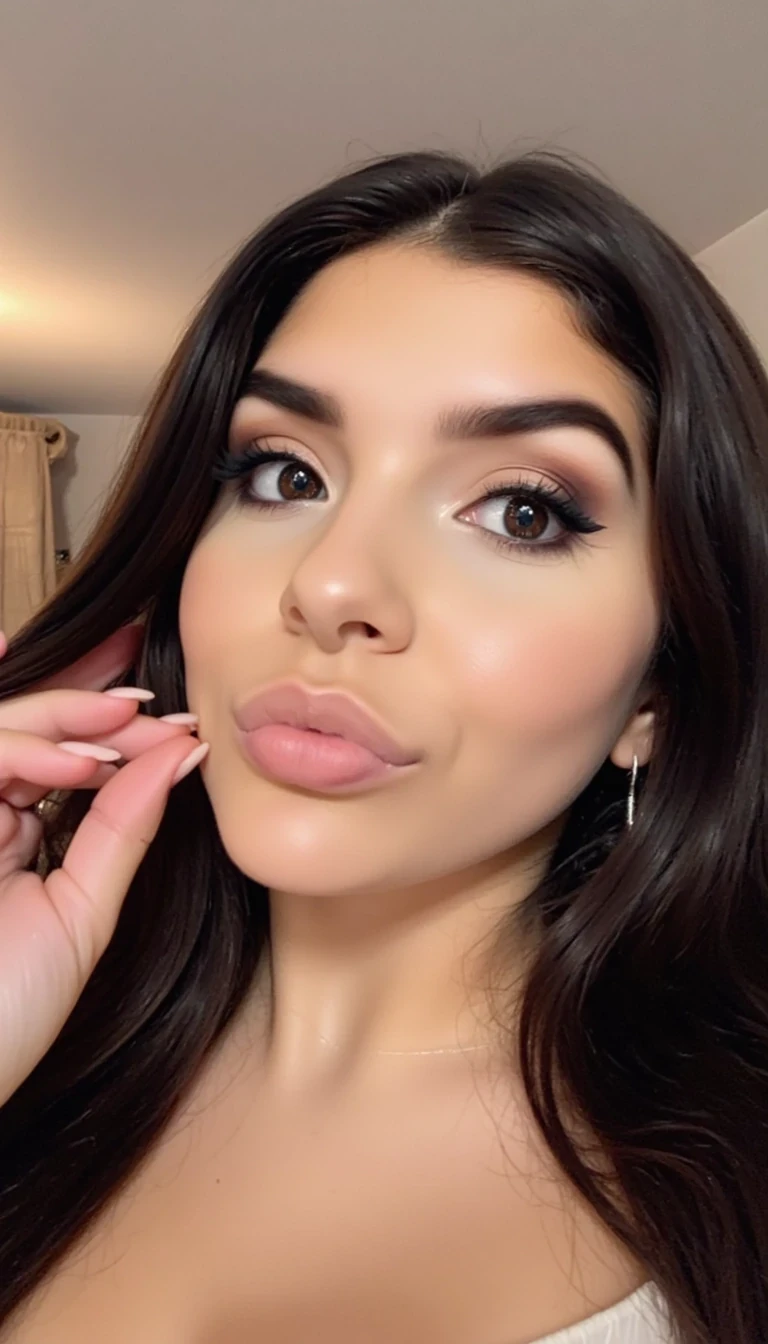 photo of woman CSTMDL with massive perfect boobs, she should be taking Snapchat selfies, she should be making a duck face with her lips