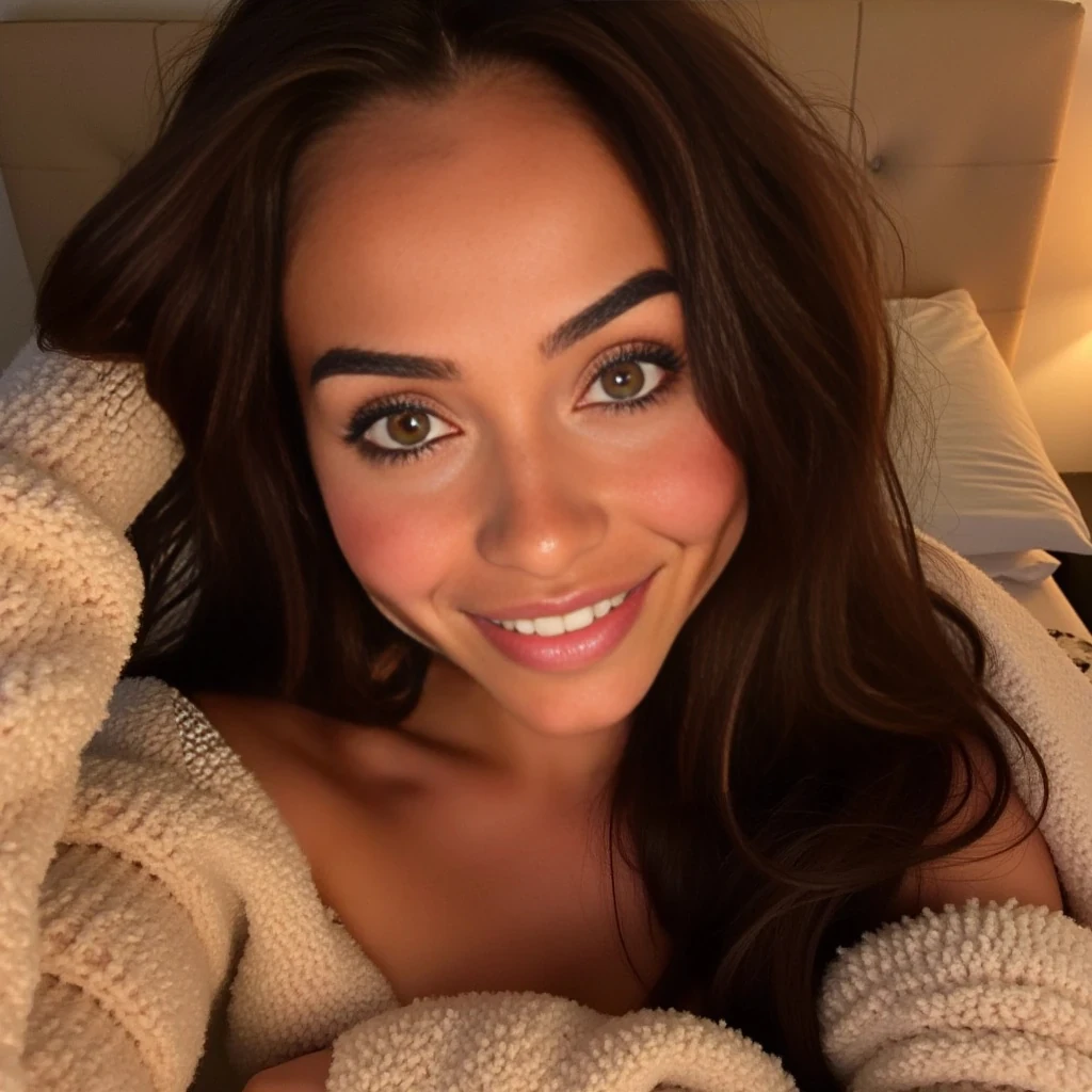 boring low quality snapchat photo circa 2015, A beautiful young woman in her early 20s with a heart-shaped face, high cheekbones, and almond-shaped green eyes that glow with warmth. Her glossy rose-pink lips are curved into a soft, genuine smile. Her long chocolate brunette hair falls in soft, natural waves with subtle highlights. She has lightly tanned skin with a natural, dewy glow and a slim, graceful figure.

The room has a warm, homey vibe: soft blankets, layered pillows, and soft light filtering in through a window or glowing from a nearby lamp. A cup of tea or a book sits on a nearby table. The mood is intimate in a cozy, calm way — like a snapshot of real-life friendship and comfort.

Use realistic facial features, natural body proportions, soft lighting, real textures, and a grounded, believable indoor setting. Avoid distortion or over-smoothing.