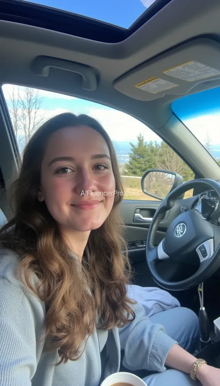 boring low quality snapchat photo circa 2015, A young woman with a warm smile, sitting in the driver's seat of a cozy car. She has soft, wavy brown hair cascading past her shoulders. The sunlight streams through the window, casting a gentle glow on her face. The interior of the car is neat and comfortable, with a coffee cup in the cup holder and a small plant on the dashboard. The background outside the window shows a scenic road lined with trees and blue skies