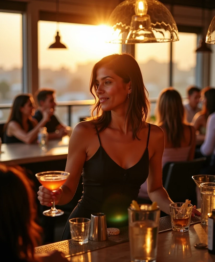 CSTMDL woman bartending at a high-end rooftop lounge in the city during golden hour fading into night. She’s standing behind the center of the bar, smiling warmly as she hands a freshly made cocktail in a short whiskey glass to a customer across the bar. The scene is viewed from a natural corner angle — you can see several patrons around the bar talking, laughing, and holding drinks, giving the photo a lively, social energy. The setting feels upscale yet relaxed, with golden light reflecting off bottles and glassware and soft city bokeh visible beyond the terrace. Her outfit is a fitted black corset-style bartender top with thin straps — elegant, confident, subtly sexy. Realistic iPhone-style lighting, candid motion, cinematic warmth, and natural depth of field.
–no studio lighting, no overexposure, no plastic skin, no duplicate faces, no exaggerated anatomy.