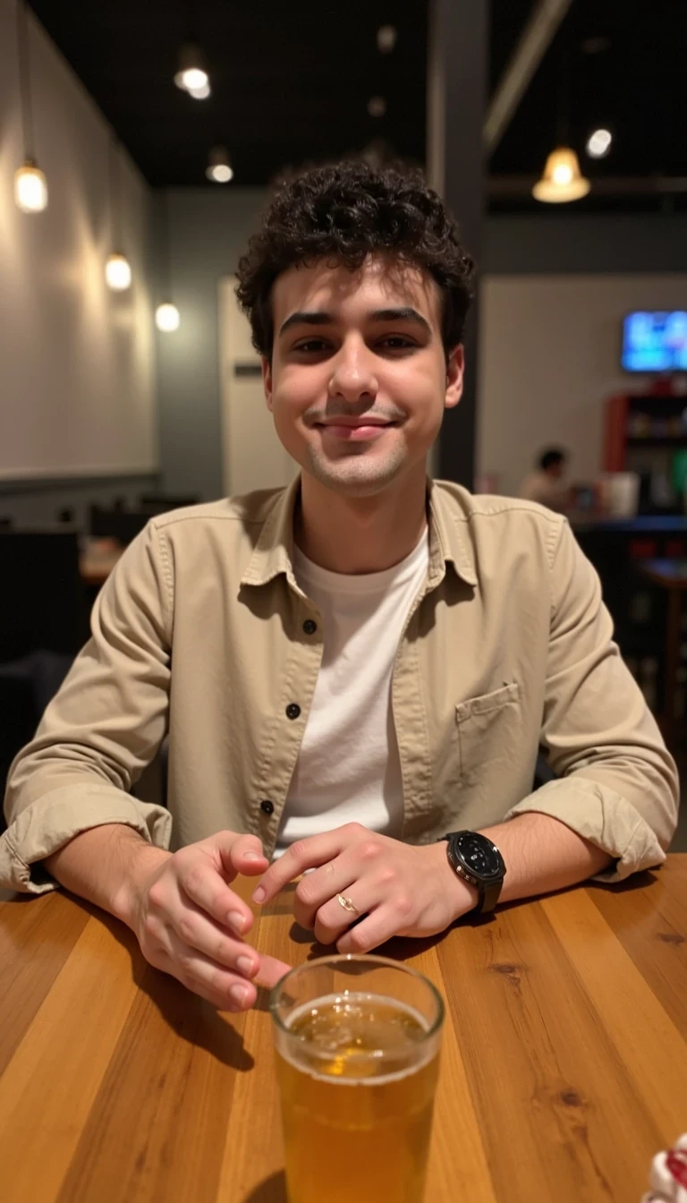 boring low quality snapchat photo of handsome 20 year old man smiling, CSTMDL, “POV of a casual dinner date at a cozy modern bar or restaurant, warm ambient lighting, wooden table, soft music in the background. A man is sitting across the table wearing a relaxed, stylish outfit — a fitted white t-shirt and a light beige overshirt, sleeves slightly rolled up. He has a calm and friendly expression, slightly smiling. His hands rest casually on the table — normal human hands with five fingers each, realistic proportions, average male hand size, clean short nails, natural resting position with slightly curved fingers. The hands show subtle skin texture, veins, and lifelike detail, no distortions or abnormalities. A glass of beer and a small plate of appetizers sit between you. The atmosphere is casual, warm, and inviting. High-quality, hyper-realistic rendering, focus on natural lighting and detail.