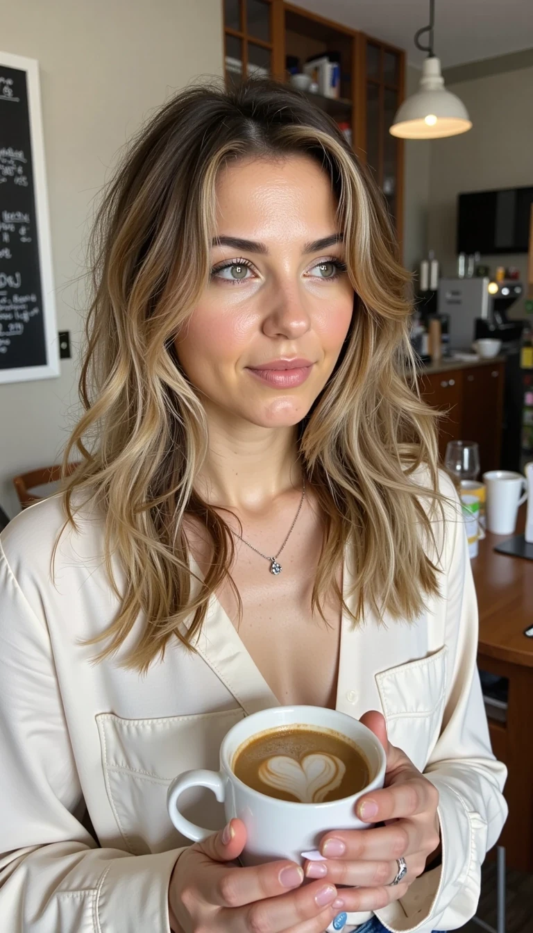 Candid iPhone photo of CSTMDL in a coffee shop, cappuccino in hand. She’s giving a subtle sleepy grin, eyes half-lidded like she’s waiting for that caffeine hit.
