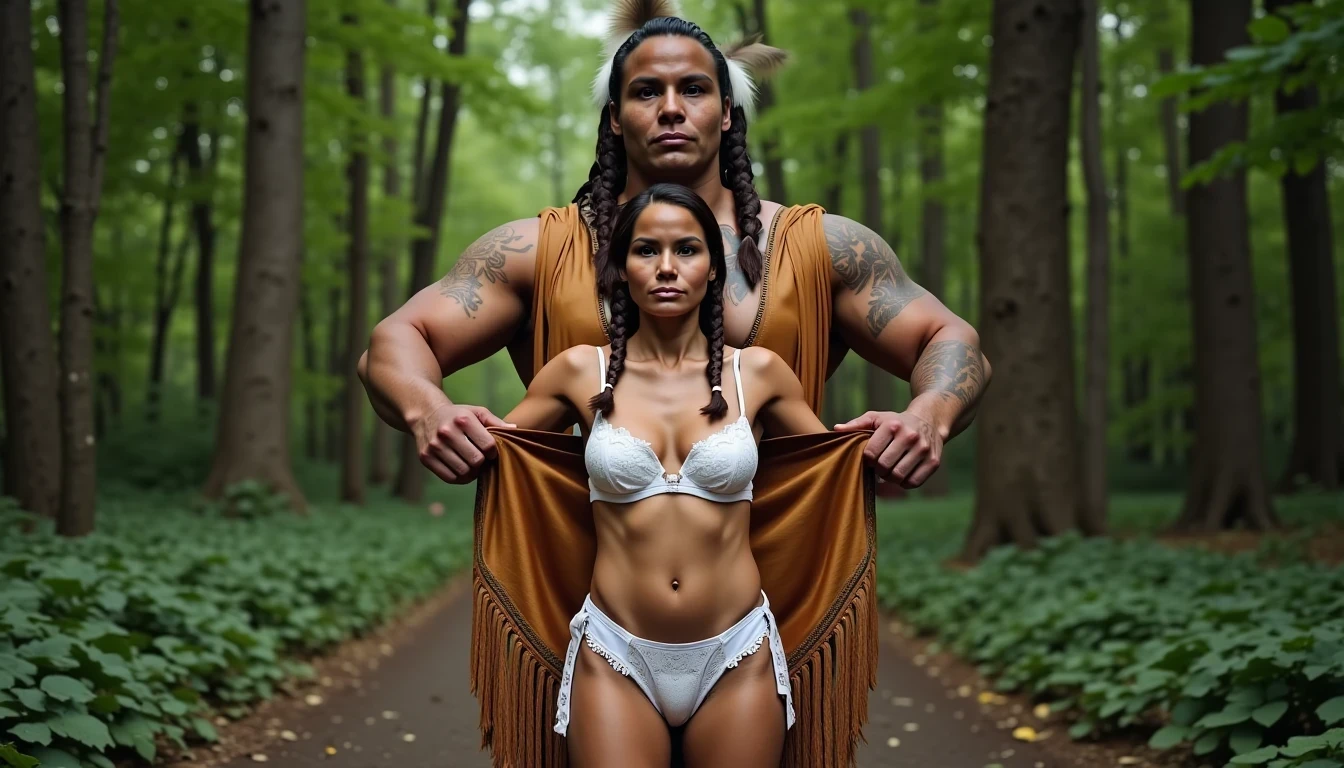 photo of woman CSTMDL, a medium shot photo of, a slim woman, her full body is in the scene, she has a slender petite build with petite small boobs and a flat chest, she has small dark skin nipples with long pointy nipple ducts and small dark skinned areolas, her hair is styled with two long braids she has eagle plumes in her hair, she is not wearing earrings, she is wearing daisy duke denim booty shorts, she is wearing a native American style vest in a golden yellow color over top of her underwear, she is holding her vest open exposing her strapless bra, her bra is a strapless white lace bra, she is wearing white lace panties, she is wearing ankle height smoked hide moccasins, natural lighting, natural light, amateur photography, shot on an iPhone, she is standing with her legs spread wide apart in a densely wooded forest, she is maintaining intense eye contact with the camera, there is a giant native American fat man twice her height standing up directly behind her holding onto the woman's pantie line, the man is holding her up suspended in the air in front of him, the man is a real giant, public setting, Hyper realism, ultra-sharp focus, highly detailed, natural lighting, natural light, amateur photography,