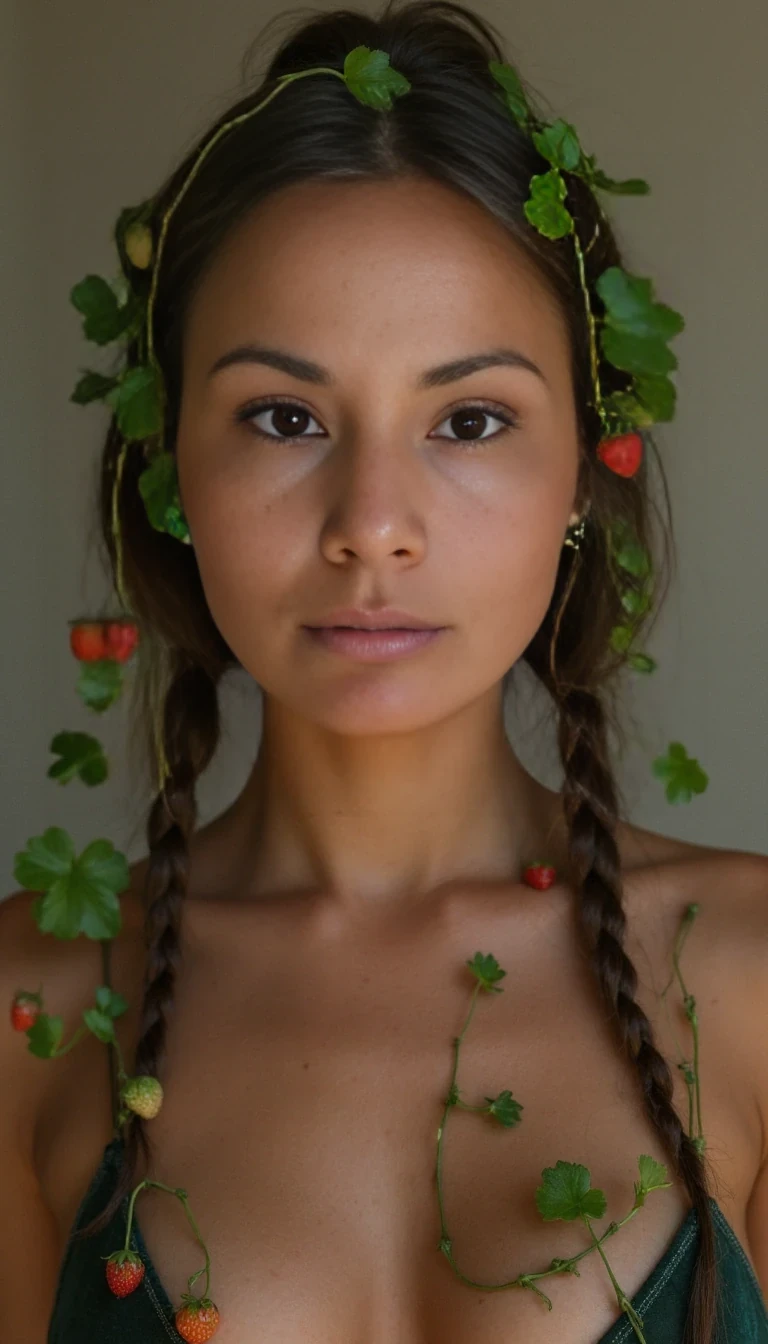 A selfie photo of a slim woman, her face and body are in the scene, she has hexcode #f9d9da light tan skin tone, she has a slender petite build with petite small tiny boobs a flat chest, she has hard small dark skin nipples that have long pointy nipple ducts and small dark skinned areolas, her hair is styled with two long braids, topless in a top, the woman is wearing a bra that consists of real vines in a dark green palette, the vines drape across and surround her entire body arms and neck, there are strawberries hanging from the vines that surround her body in various places, real vines with real strawberries, 16k, uhd, ultra-sharp focus, perfect meshes and textures, highly detailed, highly accurate reflections, natural lighting, natural light, amateur photography,