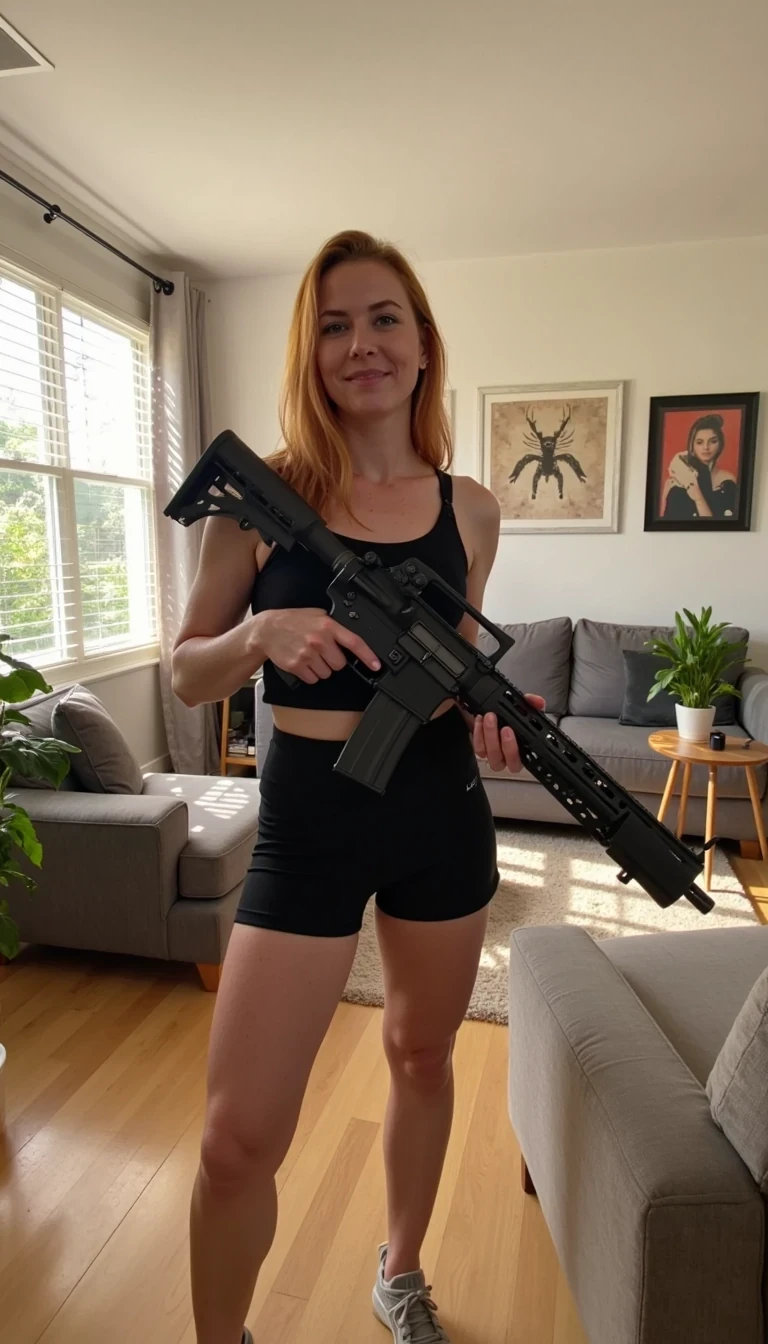 A low quality snapchat selfie photo of CSTMDL with reddish hair standing in her modern living room, holding an AR-15 rifle safely and confidently. She’s wearing casual athletic clothes, like fitted shorts and a tank top. The lighting is warm and natural from nearby windows, showing a cozy, stylish home with a couch, plants, and wall art in the background. The focus is on her calm, empowered presence and the detailed realism of the environment.
