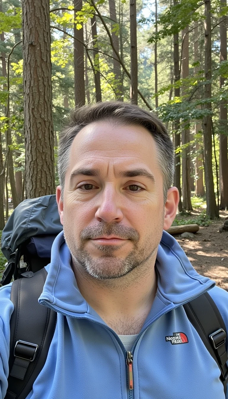 iphone face selfie photo of mid 40s man CSTMDL with a clean shaven face and well kept hair in the woods wearing hiking gear
