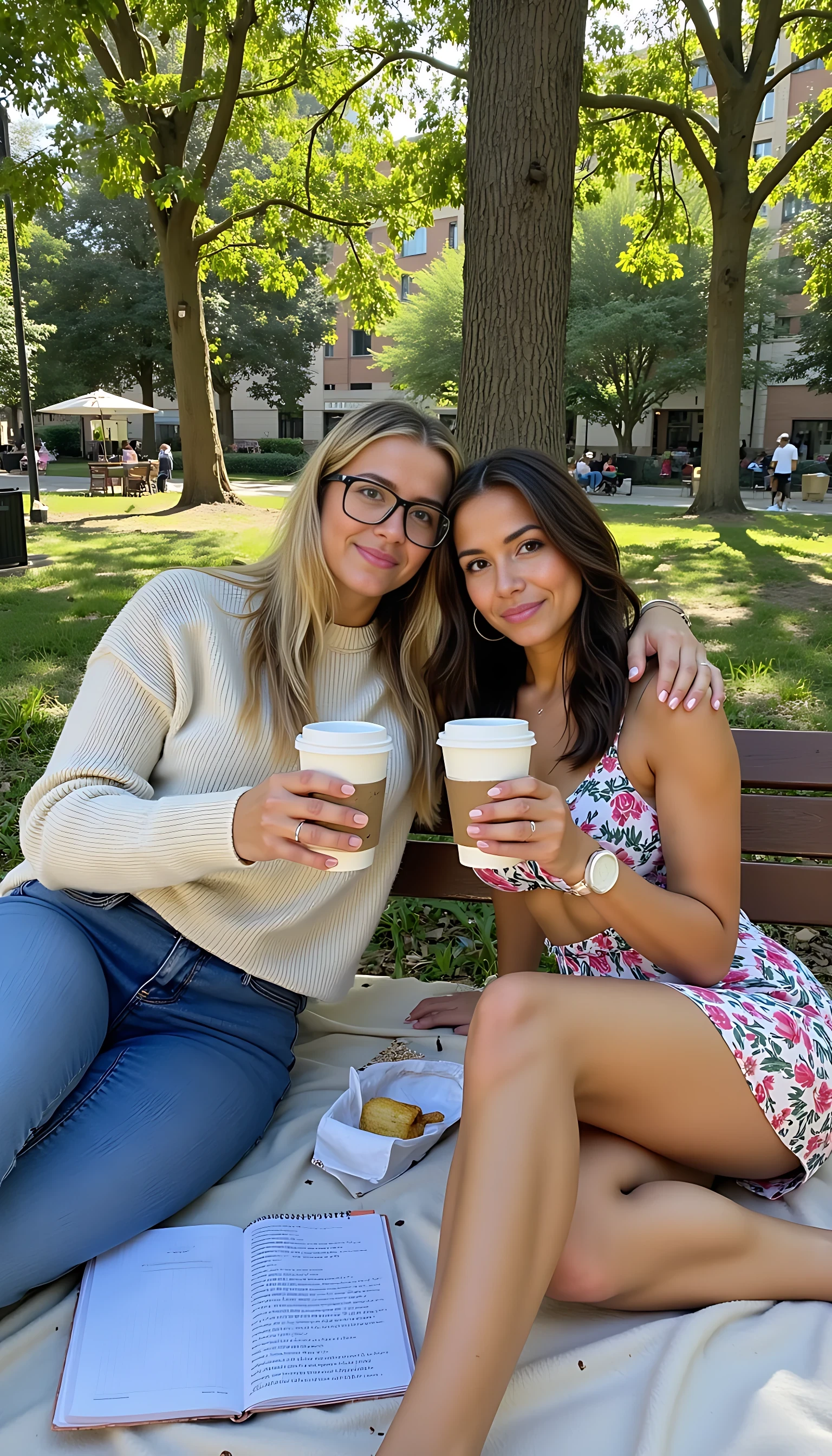 Medium shot photo of CSTMDL and a beautiful woman sitting closely together on a park bench, both holding takeaway coffee cups in a casual, friendly pose. The CSTMDL on the left has tan skin, long blonde hair, and wears glasses with a warm smile, dressed in a light sweater and jeans. The woman on the right has a medium tan skin tone, dark wavy hair, and a relaxed expression, wearing a floral sundress. They sit side by side, leaning slightly towards each other, suggesting camaraderie, with their arms resting comfortably on the backrest of the bench. In front of them, a picnic blanket with snacks and a small open notebook rests on the grass. The background features a scenic urban park with tall leafy trees, soft dappled sunlight filtering through the branches, and people strolling or sitting in the distance. The overall lighting is natural and warm, with golden-hour tones giving a soft glow to the scene, emphasizing the warm, friendly interaction between the two.
