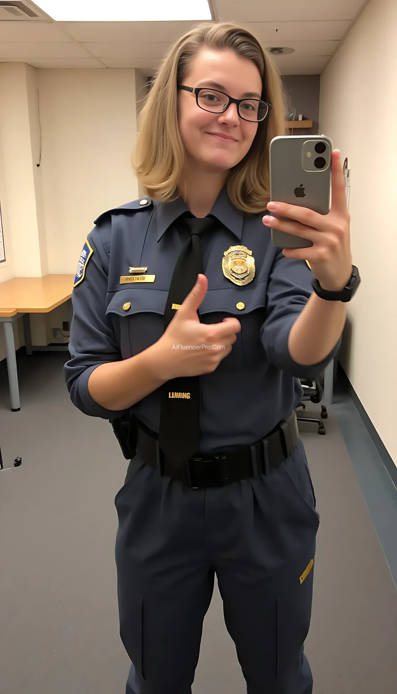 boring low quality selfie photo circa 2022, cute girl, soft light brown hair, full body, shy smile, in a police station, wearing police uniform 