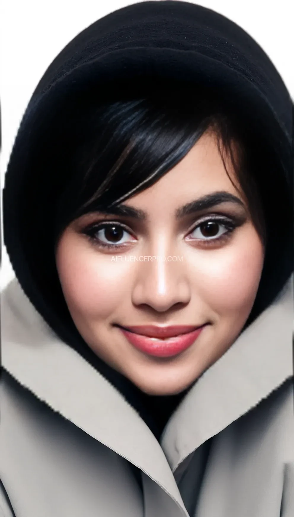 1girl, solo, looking at viewer, smile, short hair, simple background, black hair, white background, original, brown eyes, closed mouth, upper body, hood, black eyes, lips, makeup, portrait, realistic, nose, real life