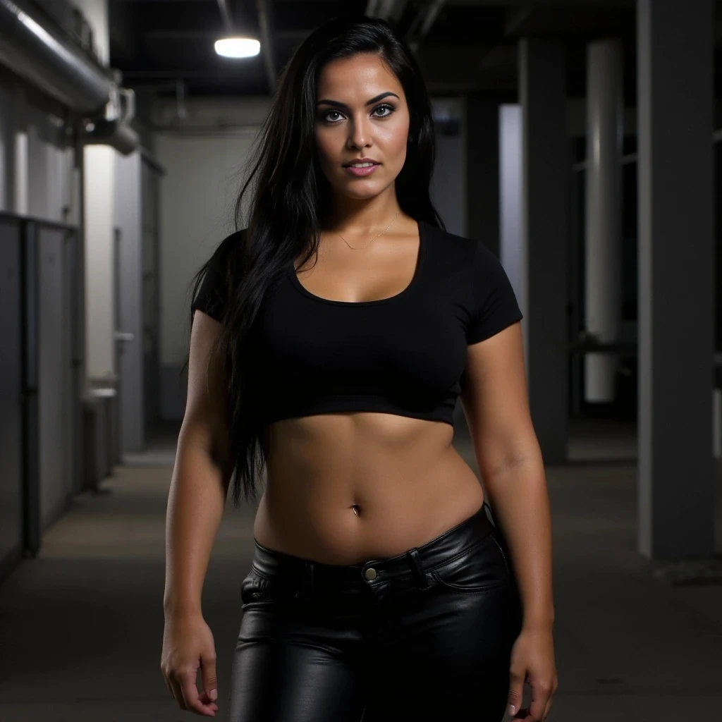 Athletic curvy woman with toned abs and thighs, wearing black leather pants and a fitted cropped top, standing confidently in an industrial setting, long black hair, no tattoos, photorealistic lighting