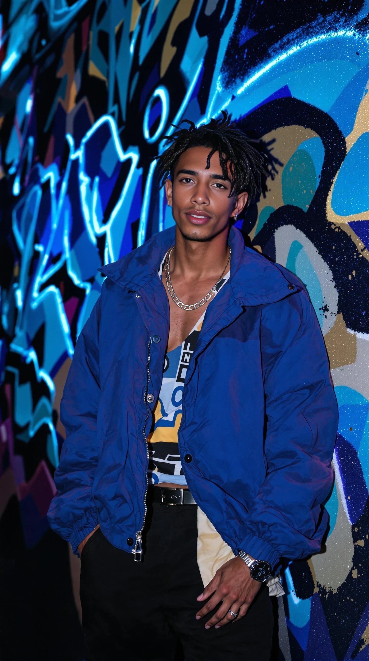 A hyper-realistic portrait of a young man standing in front of a vibrant, artistic graffiti wall in an urban neon-lit alley. The background is rich with electric blue tones, layered street art, and abstract shapes glowing under soft cinematic lighting. He has expressive grey-blue almond-shaped eyes with hints of electric blue, strong asymmetrical eyebrows, a small beauty mark under his left eye, and olive-toned skin with a natural blush. His dark, curly hair is voluminous and untamed, slightly faded on the sides. He wears an oversized electric blue jacket layered over asymmetric shirts, wide-legged black pants, and silver accessories including a chain and rings. His expression is a thoughtful half-smile—playful yet deep. The composition is vertical (9:16), fashion-forward, bold, and emotionally intense, blending urban chaos with clarity.

