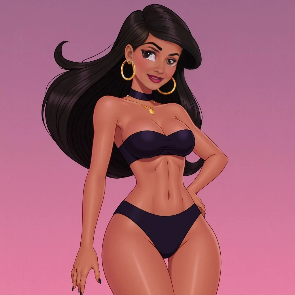 Wearing a beautiful skin tight outfit, a tube top and spandex booty short shorts, with a choker, hoop earrings, her body is petite, hourglass figure, short, beautiful complexion, beautiful ass, Disney princess 