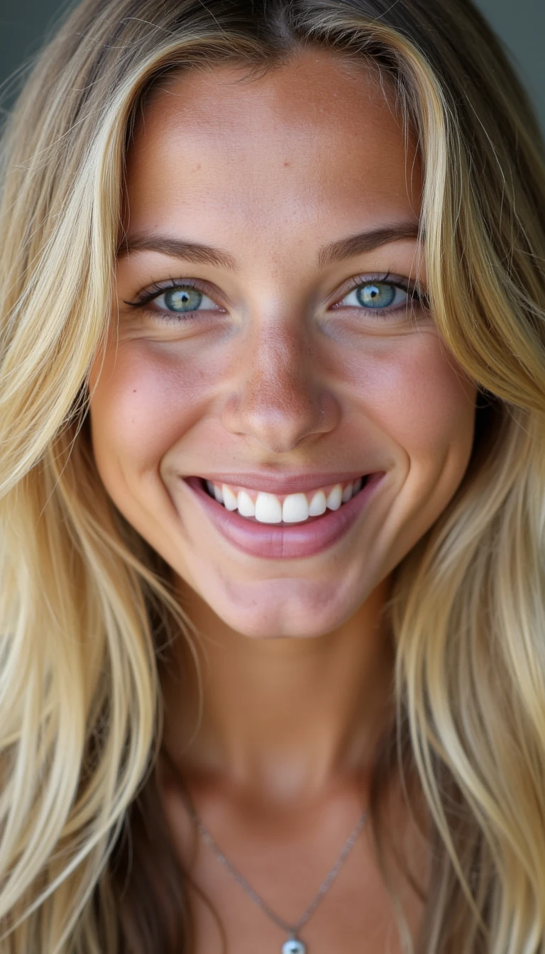 A young white woman with long blond ash blond hair. Blue eyes wide apart, small nose and a smile which make people turn their heads. Lovely  white teeth. Some freckles on the nose. Lips are feminine. Skinny but fit with a runners body.
