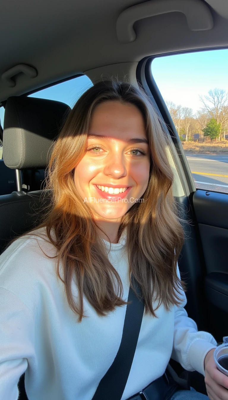 boring low quality snapchat photo circa 2015, A young woman with a warm smile, sitting in the driver's seat of a cozy car. She has soft, wavy brown hair cascading past her shoulders. The sunlight streams through the window, casting a gentle glow on her face. The interior of the car is neat and comfortable, with a coffee cup in the cup holder and a small plant on the dashboard. The background outside the window shows a scenic road lined with trees and blue skies