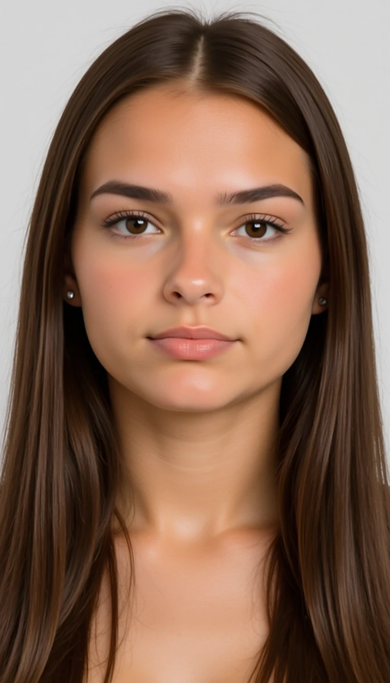 Close-up portrait of CSTMDL
Body type and measurements:
She is an 18 years old girl. Her hair is long, reaching below the shoulders, with a straight to very slightly wavy texture. It has a healthy, smooth appearance with natural shine and volume. The color is medium to dark brown with subtle warm undertones, and the strands appear moderately thick and uniform in density. The hair is parted slightly off-center or middle in most images, framing the face symmetrically. Eyes are large, almond-shaped, and widely spaced. The irises appear medium to dark brown with a warm, slightly amber tone under natural lighting. Eyelids have a soft natural crease, and the eye area is framed by full, dark lashes and naturally arched brows of medium thickness, which complement the overall symmetry of the face. She has an hourglass figure. Height approximately 64 inches. Bust is full, round, and projected, with an estimated circumference of 36 inches and moderate projection from the chest wall. Underbust estimated at 28 inches, giving a bust-to-waist contrast of about 7 inches. Waist is narrow, strongly cinched, and flat, estimated 24 inches, with a pronounced curve into the hips. Hips are broad and rounded, estimated at 39 inches, with high hip bones and a strong waist-to-hip ratio. Gluteal region is prominent, lifted, and firm, with well-developed curvature extending outward and downward. Thighs are thick and full, estimated at 24 inches at the widest point, with a slight taper toward the knees. Calves are not visible in all photos, but appear balanced with thigh proportions. Abdomen is flat with a bit of fat. Arms are slim with soft definition, estimated upper arm circumference around 9 inches. Shoulders are slightly broad and rounded, creating symmetry with hip width; clavicle line is soft and horizontal. Neck is medium-length and proportionate. Torso is short to medium in vertical length, with the distance from underbust to waist appearing compact. Ribcage is slightly narrow. Legs are long relative to torso, contributing to an elongated lower-body visual impression. Posture appears upright and relaxed, with natural spinal curvature and mild anterior pelvic tilt. Skin surface is smooth and even-toned and lightly tanned.

Scene/Background
The backdrop is a soft white fabric, gently draped to create natural folds and texture. This neutral and minimal setup enhances the clarity and elegance of the portrait, allowing the subject to be the sole focus. The overall mood is clean, intimate, and subtly ethereal—like a quiet morning light spilling through sheer curtains.

Pose/Expression
The subject’s head tilts slightly forward and to the side, subtly engaging the viewer with a relaxed, almost contemplative gaze. Her expression is serene and self-assured, exuding confidence without effort. The softness of her features and the directness of her eyes balance strength with warmth.

Styling
Her makeup is understated and flawless—emphasizing natural beauty with a matte complexion, feathered brows, and nude-pink lips. Her hair cascades in voluminous waves, with a gentle, polished texture that frames her face gracefully. The simplicity of the styling elevates the portrait’s timeless quality.

Lighting
Bright, diffused natural light washes across the subject’s face, creating gentle highlights and low-contrast shadows. The effect is soft and flattering, eliminating harsh lines while enhancing her skin’s glow and the rich tones in her hair. The lighting contributes to an editorial aesthetic that feels both modern and timeless.

Vibe
This image is effortlessly chic and quietly powerful. It could easily belong in a beauty campaign, a minimalist fashion feature, or a model portfolio. The overall tone is poised, natural, and subtly sensual—perfect for editorial contexts that aim to blend intimacy with polish.