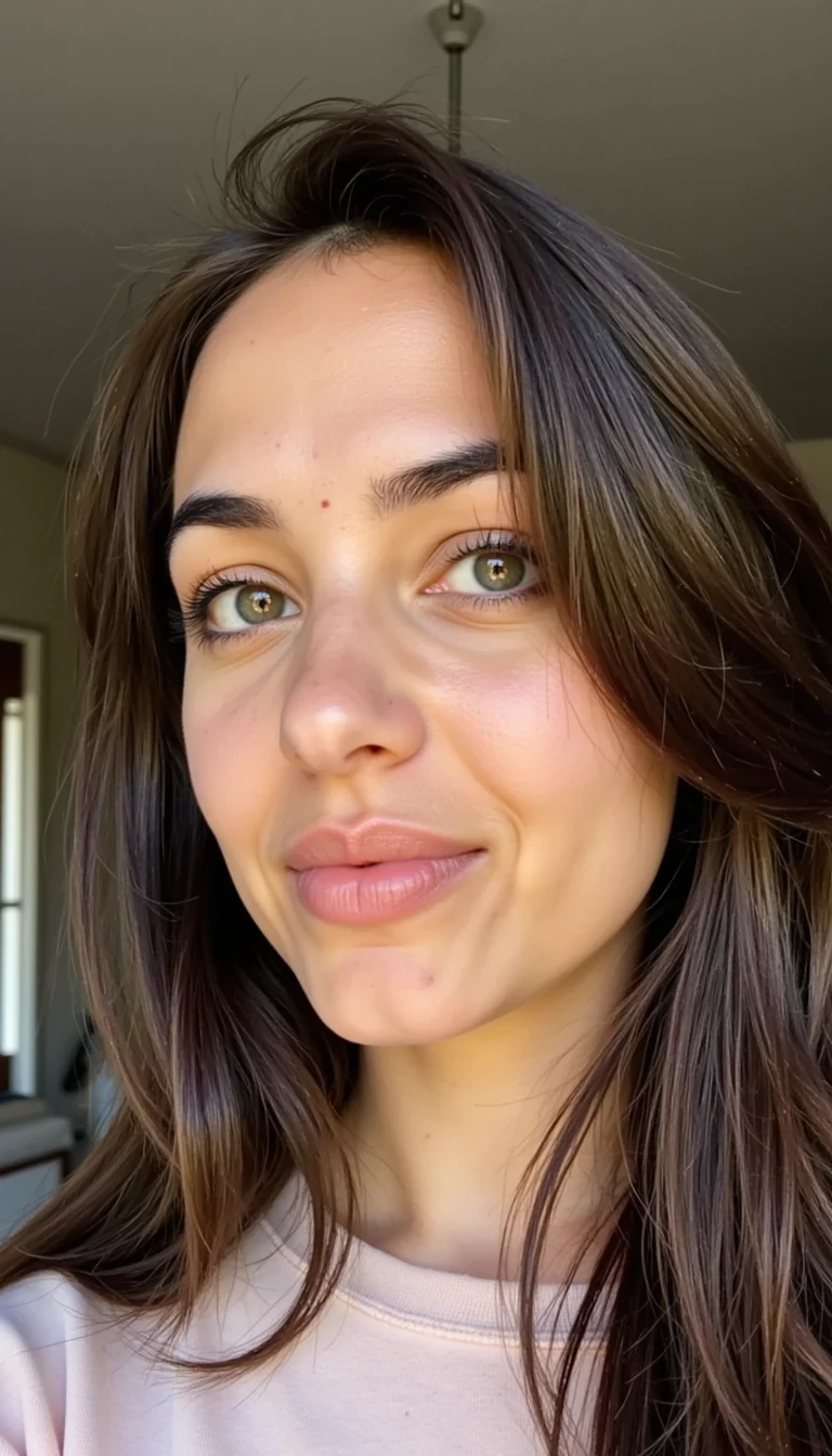 Selfie of Zahra CSTMDL mid-20s Arabic woman with warm olive skin, light freckles, a small crescent scar above left eyebrow. Bright green eyes with dark lashes and full brows, straight nose with soft curve, rose lips with slight asymmetry, single dimple on right cheek. Oval face with loose honey-brown hair, natural skin texture.
Style: soft girl selfie aesthetic, warm pastel tones, dreamy lighting, glowy natural look.
Expressions: gentle smile, shy glance, playful smirk, soft neutral, curious tilt, thoughtful, candid laugh.
Angles: varied selfie angles (front, side, looking up/down, slight turns), close framing.
Lighting: warm natural light, golden hour glow, soft focus.