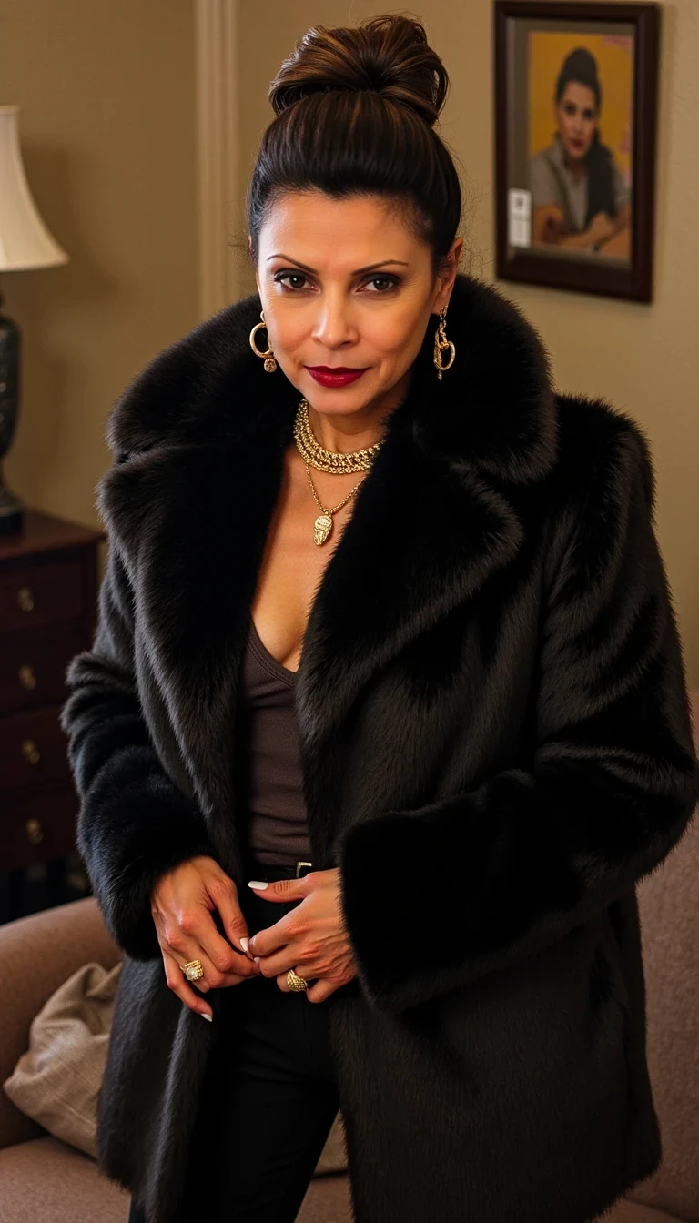 photo of woman CSTMDL, boring low quality snapchat photo circa 2015, beautiful model as a mobster, mafia, mafia outfit, faux fur coats, chunky gold jewelry, mafia aesthetic, flashy, glamorous, luxury, loud, Goodfellas, The Sopranos, Mob Wives, opulence, confidence