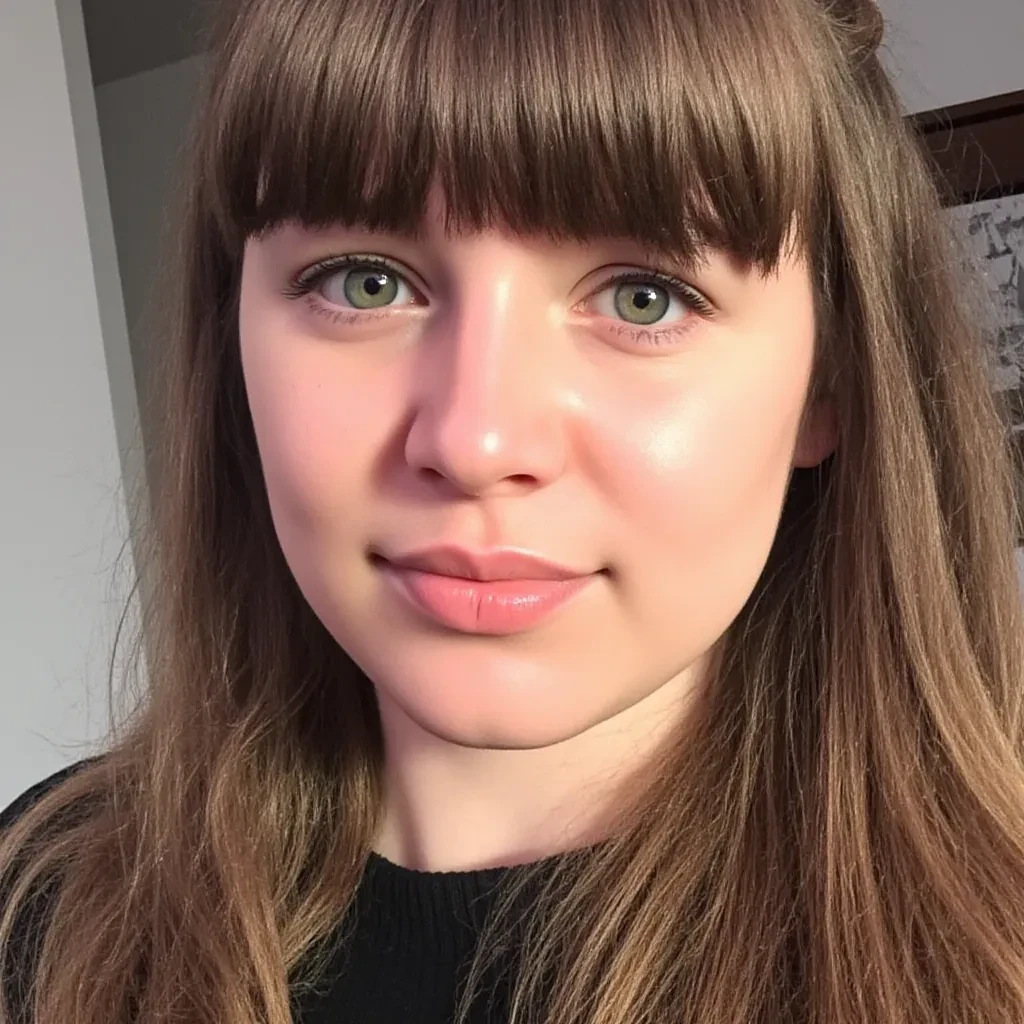 The woman in the picture has an oval-shaped face, with a soft jawline that adds to her youthful and feminine appearance. Her skin is smooth and even, with a pale, almost porcelain-like complexion that seems to glow in the natural light. She has high cheekbones, giving her face a gentle structure, and her cheeks appear naturally flushed, adding a touch of warmth to her otherwise cool-toned features.

Her eyes are a captivating shade of blue-green, framed by long, dark lashes that enhance their brightness. The shape of her eyes is almond-like, with a slight upward tilt at the outer corners, giving her an alert but gentle expression. Her eyebrows are dark and well-groomed, slightly arched to match the natural flow of her face, and they draw attention to the expressiveness of her eyes.

Her nose is straight and delicately proportioned, neither too small nor too prominent, adding balance to her facial structure. Below it, her lips are full and naturally rosy, with a soft cupid’s bow that adds definition to her mouth. Her lips are slightly parted, giving her an air of contemplation or thoughtfulness.

Her hair is a rich, deep chestnut brown, with subtle highlights that catch the light. The hair is long and silky, cascading down her shoulders. Her bangs fall straight across her forehead, just brushing her eyebrows, while a section of her hair is intricately braided along the side of her head, tucking neatly into the rest of her loose hair. The braid gives her a bohemian or rustic quality, adding texture and visual interest to her hairstyle.