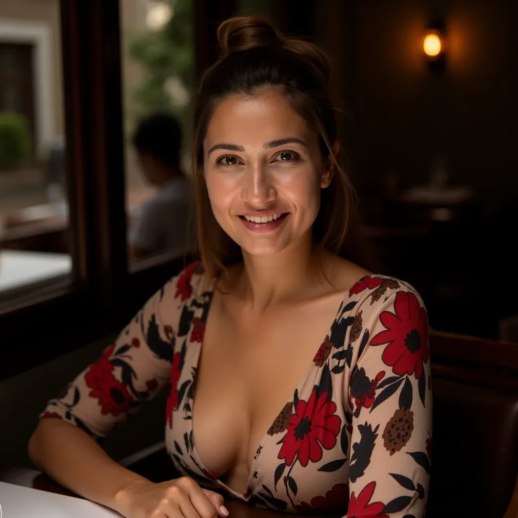 Portrait photograph of a 35 years old tanned Spanish woman, long brown hair pulled up in a bun, warm smile, well groomed hair, no makeup, beautiful light brown eyes, perfect eyes, sexy blouse, very low plunging neckline, abstract pattern blouse, gorgeous smile, no bra, small breasts, sitting at a table in a restaurant, low lighting, moody, extremely intricate details