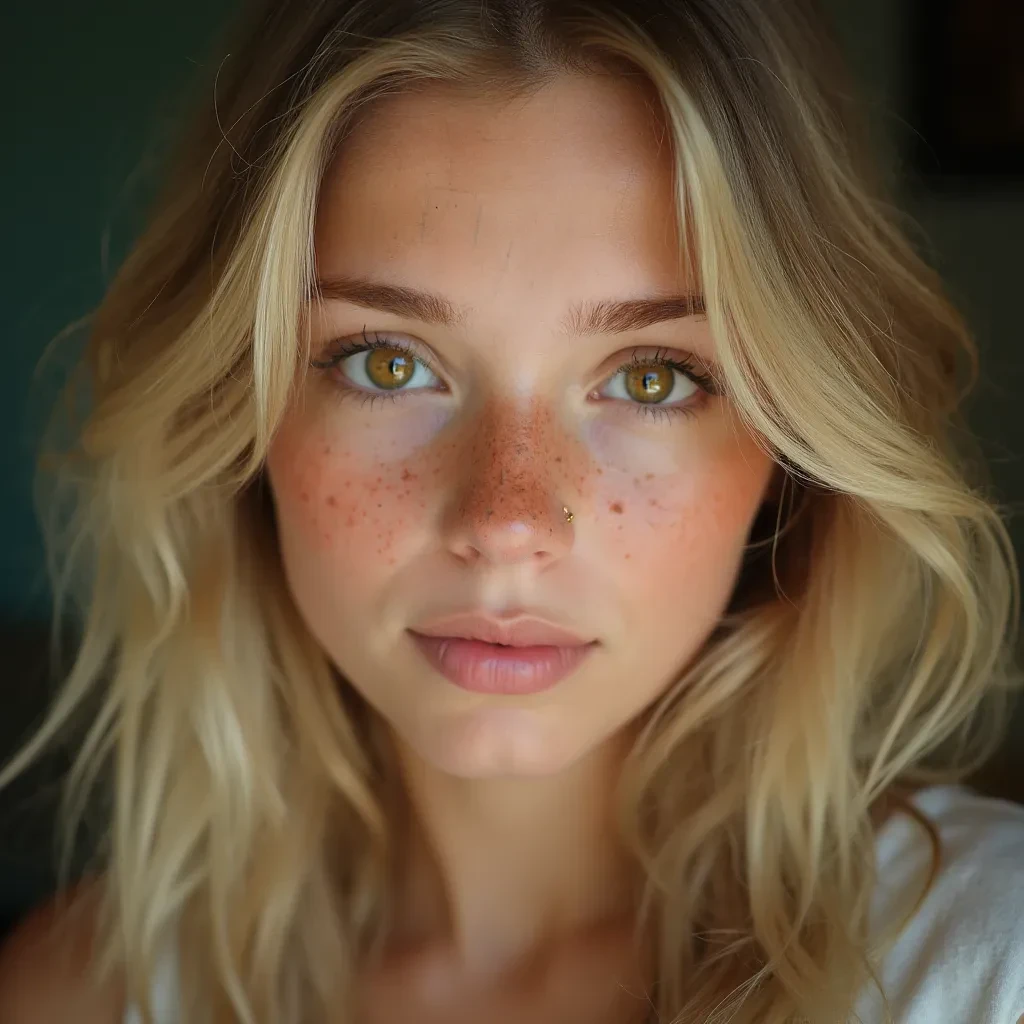 Portrait of a young woman with blonde hair, brown eyes and freckles