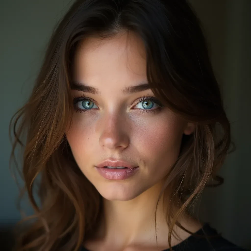 Portrait of a young woman with brown hair and blue eyes