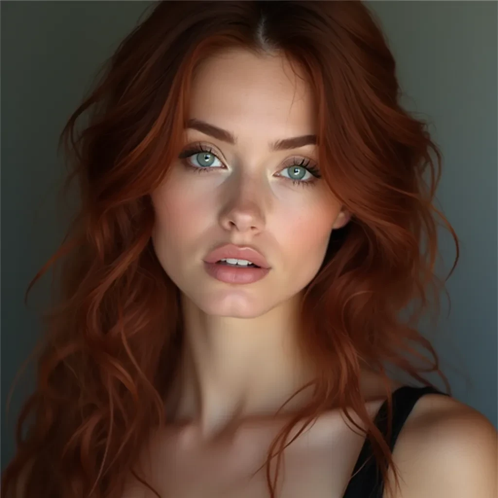 High resolution portrait of a young woman with dark auburn hair and crystal-clear piercing blue eyes, strong jaw line, feminine