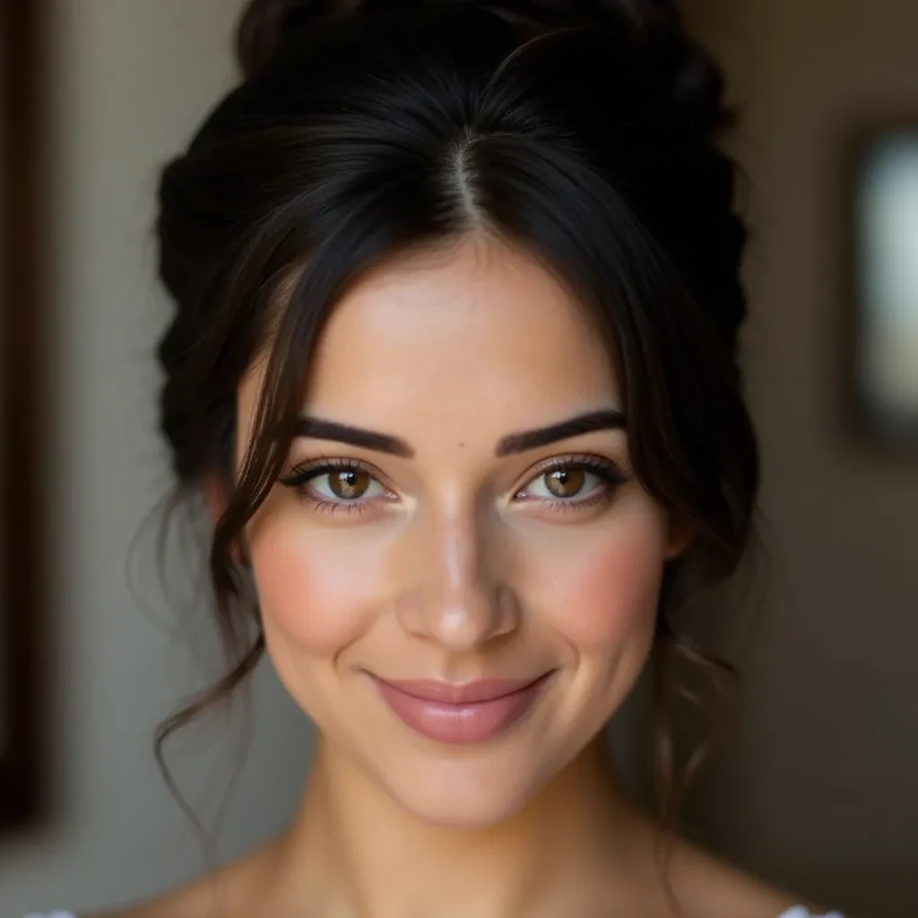 Portrait photograph of a woman, long black hair pulled up in a bun, light makeup, beautiful light brown eyes, perfect eyes, gorgeous smile, charming, innocent, coy, extremely intricate details