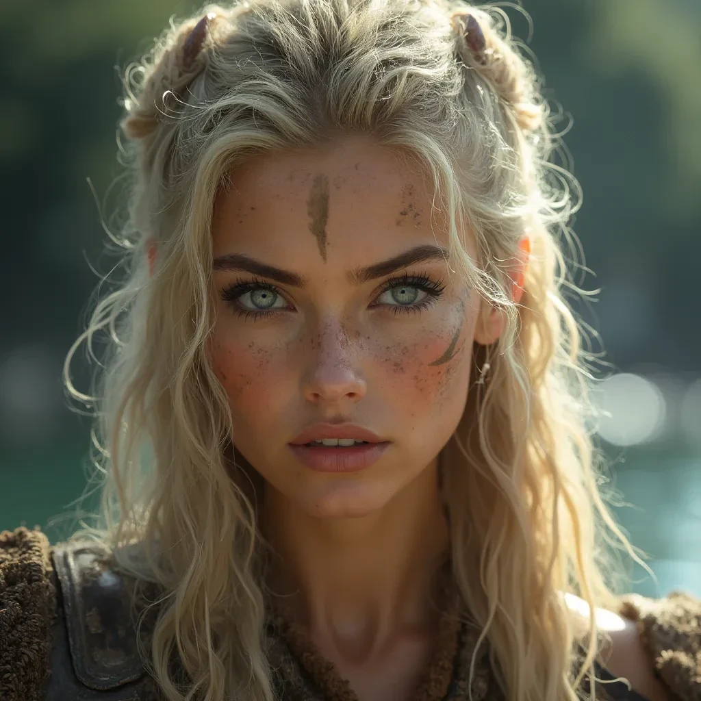 Gorgeous Fury Viking Valkyrie with blonde hair and blonde sharp eyebrows and slim sharp nose and mesmerising toned facial features 