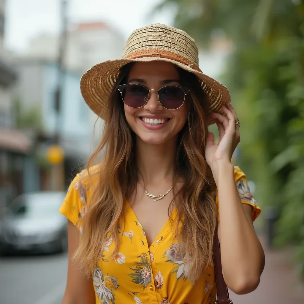 a vibrant, a young Indonesian woman in her mid-20s, embodying the spirit of a modern "Jalan Jalan" jetsetter in Singapore. Originally from Bali