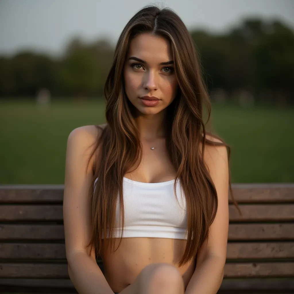 Full-body photograph of a woman, slim model-like body, long dyed brown hair, well groomed hair, light makeup, white sports bra, midriff exposed with belly button piercing, beautiful teeth, sitting at a park bench, slightly sweaty, dimming sunlight outdoors, moody, extremely intricate details