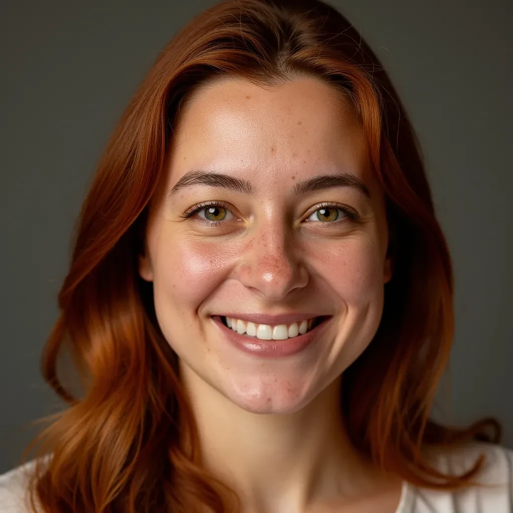 Portrait of a young spanish woman, with brown, reddish, hair, light freckles, no makeup, warm smile.