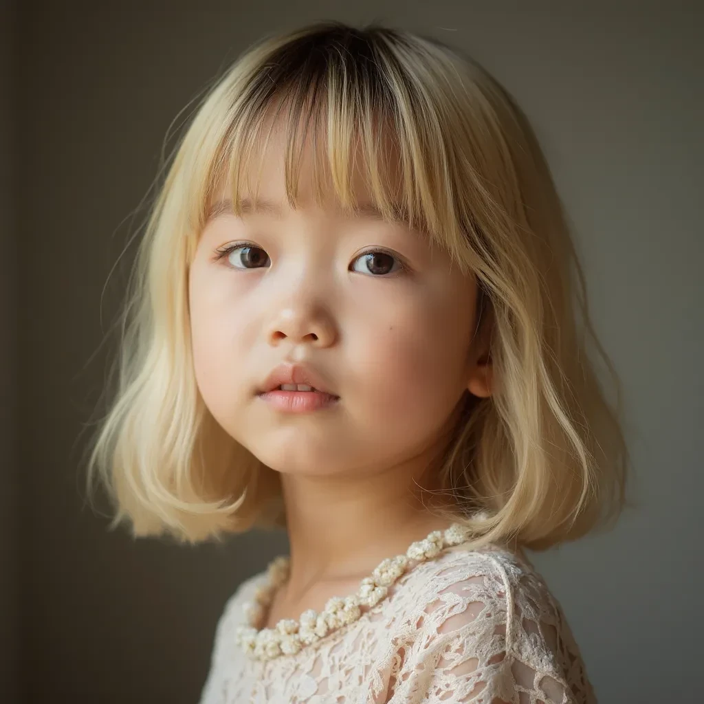 Portrait of a very young asian girl with blonde hair and bangs