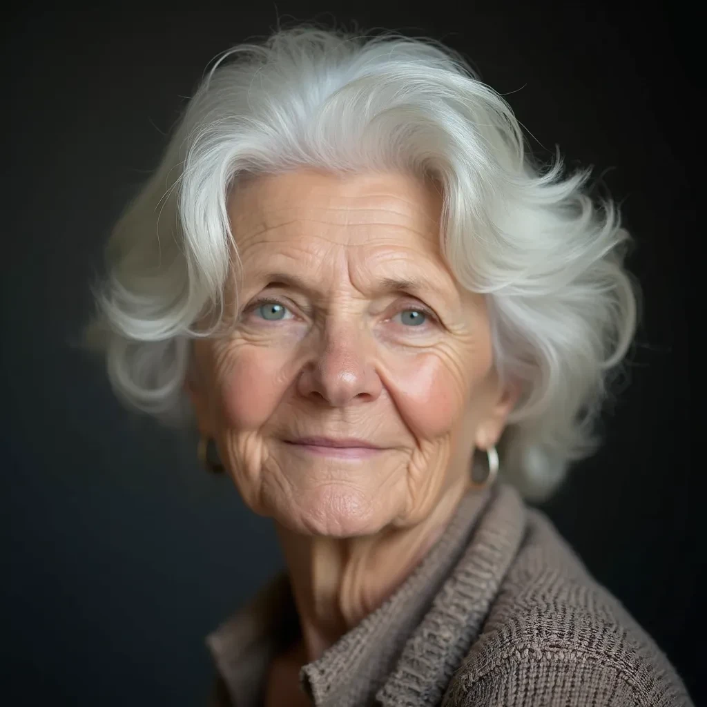 Portrait of 60 year old white woman with white hair