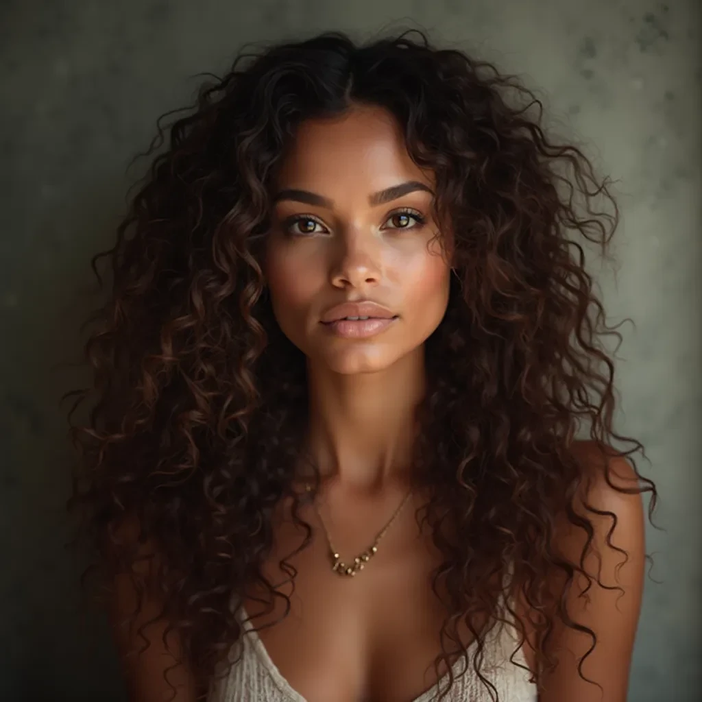 black woman with curly long hazel brown hair