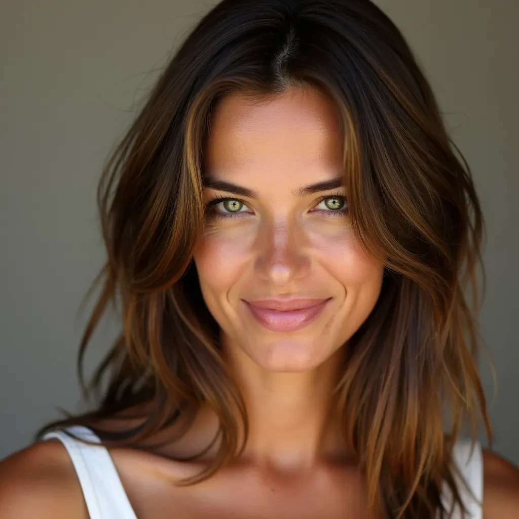 Portrait of a cute tanned 35 years old spanish woman, with soft brown hair, brown-green eyes, no makeup, mischievous smile. Small tits. 