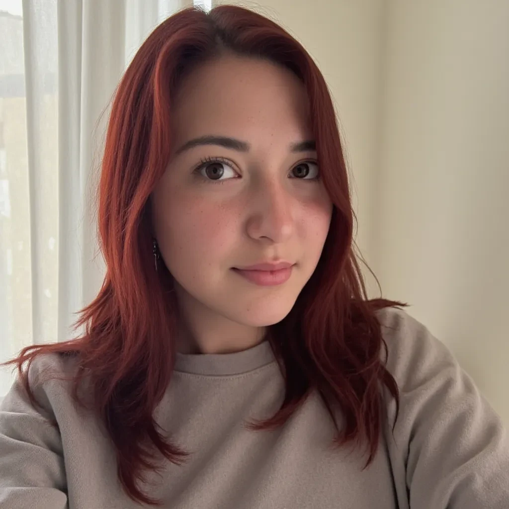 portrait of a young asian woman with dark red hair
