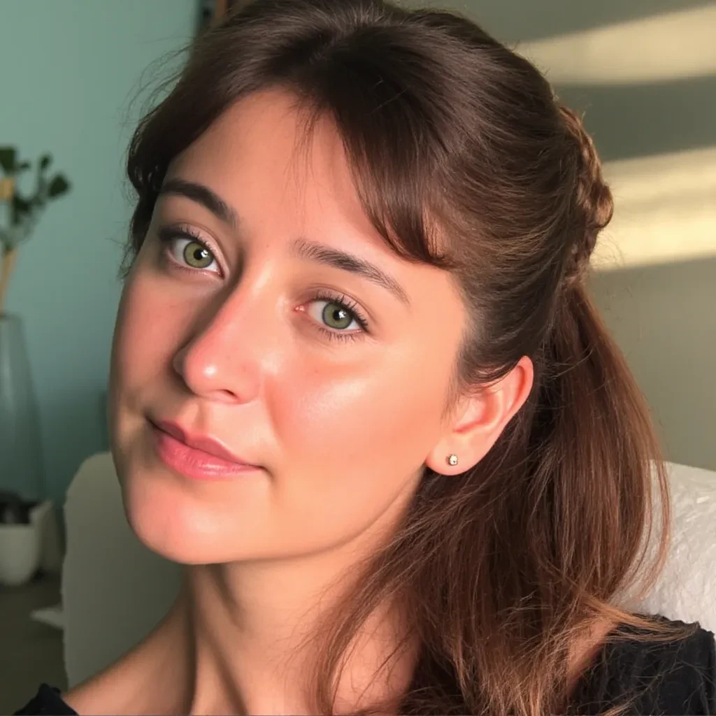 The woman in the picture has an oval-shaped face, with a soft jawline that adds to her youthful and feminine appearance. Her skin is smooth and even, with a pale, almost porcelain-like complexion that seems to glow in the natural light. She has high cheekbones, giving her face a gentle structure, and her cheeks appear naturally flushed, adding a touch of warmth to her otherwise cool-toned features.

Her eyes are a captivating shade of blue-green, framed by long, dark lashes that enhance their brightness. The shape of her eyes is almond-like, with a slight upward tilt at the outer corners, giving her an alert but gentle expression. Her eyebrows are dark and well-groomed, slightly arched to match the natural flow of her face, and they draw attention to the expressiveness of her eyes.

Her nose is straight and delicately proportioned, neither too small nor too prominent, adding balance to her facial structure. Below it, her lips are full and naturally rosy, with a soft cupid’s bow that adds definition to her mouth. Her lips are slightly parted, giving her an air of contemplation or thoughtfulness.

Her hair is a rich, deep chestnut brown, with subtle highlights that catch the light. The hair is long and silky, cascading down her shoulders. Her bangs fall straight across her forehead, just brushing her eyebrows, while a section of her hair is intricately braided along the side of her head, tucking neatly into the rest of her loose hair. The braid gives her a bohemian or rustic quality, adding texture and visual interest to her hairstyle.