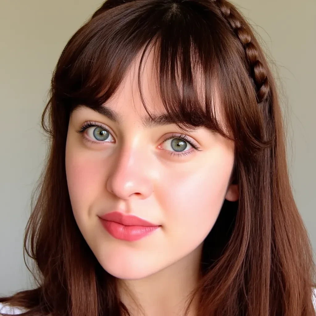 Portrait of a women: Her eyes are a captivating shade of blue-green, framed by long, dark lashes that enhance their brightness. The shape of her eyes is almond-like, with a slight upward tilt at the outer corners, giving her an alert but gentle expression. Her eyebrows are dark and well-groomed, slightly arched to match the natural flow of her face, and they draw attention to the expressiveness of her eyes.

Her nose is straight and delicately proportioned, neither too small nor too prominent, adding balance to her facial structure. Below it, her lips are full and naturally rosy, with a soft cupid’s bow that adds definition to her mouth. Her lips are slightly parted, giving her an air of contemplation or thoughtfulness.

Her hair is a rich, deep chestnut brown, with subtle highlights that catch the light. The hair is long and silky, cascading down her shoulders. Her bangs fall straight across her forehead, just brushing her eyebrows, while a section of her hair is intricately braided along the side of her head, tucking neatly into the rest of her loose hair. The braid gives her a bohemian or rustic quality, adding texture and visual interest to her hairstyle.