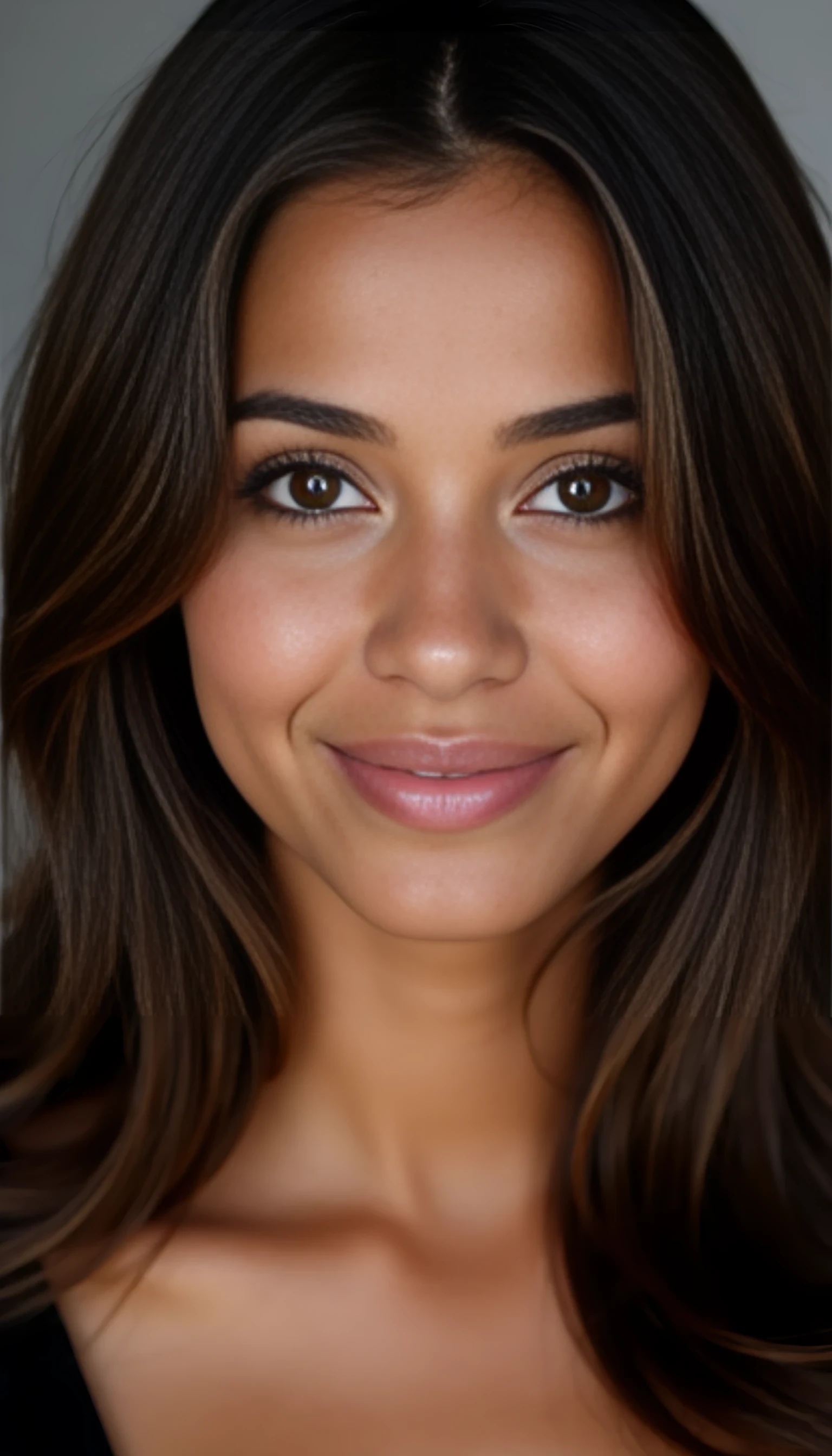 A portrait photo of a beautiful 20 years old model, mixed ethnicity of half white American half Brazilian, with silky brunette hair, amber brown eyes, ultra detailed eyes with sharp iris reflections, slight smile, studio-quality, extremely realistic HD