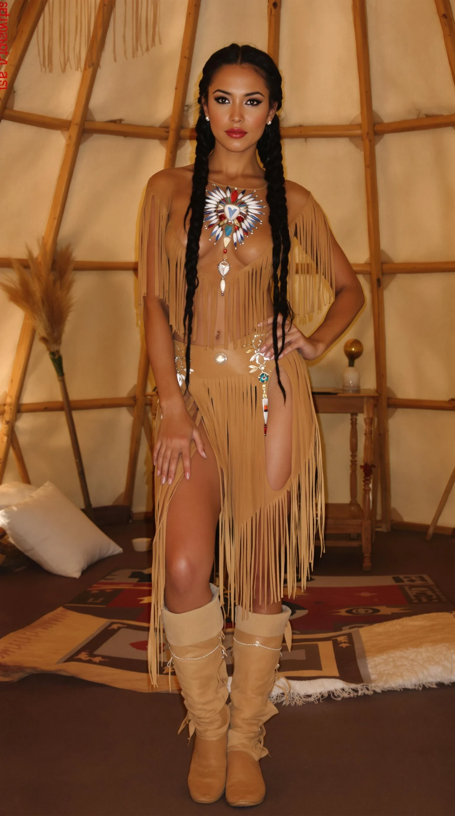 A photograph of a 25-year-old native American woman with long dark braided hair, wearing a sexy tan leather fringed outfit with traditional quillwork on it and knee-high matching moccasins, posing inside of a large timber furnished tipi.