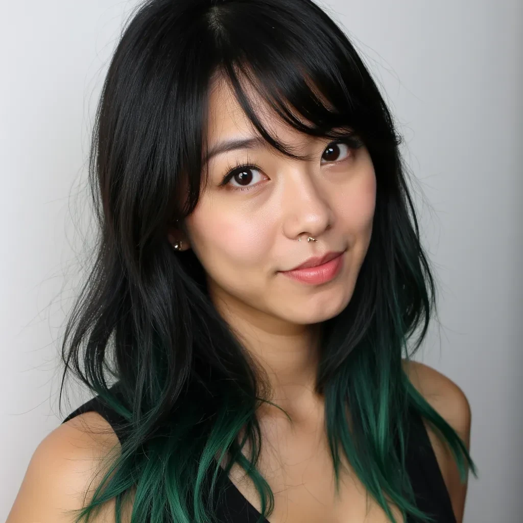 Very beautiful, sexy, cute Japanese woman with long black hair with some added stands of green colour. Perfect appearance. Nose stud piercing.