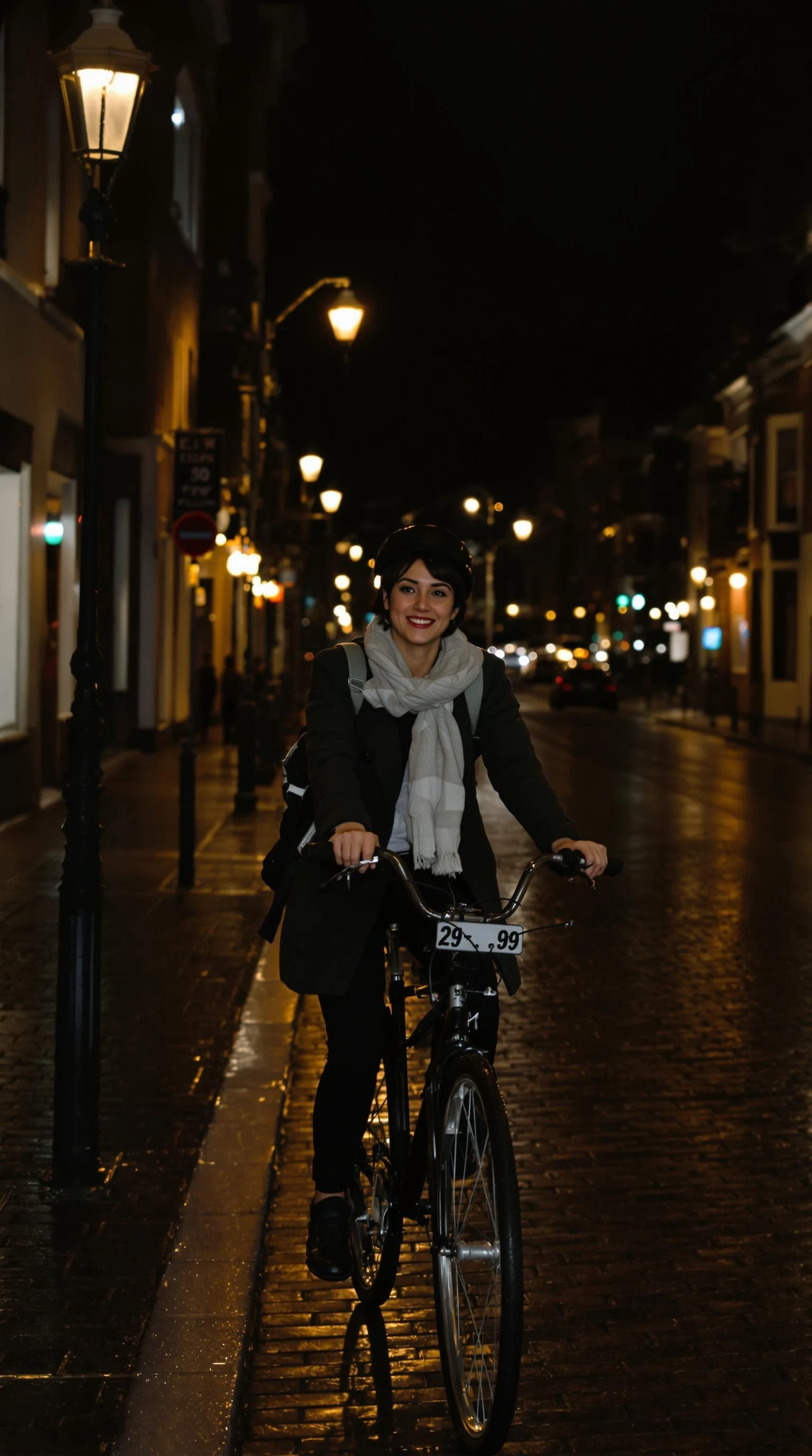 Ultra-realistic candid photo of a woman named Liv, 29, riding her bicycle alone through a quiet European city at night. She wears a dark coat, loosely tied scarf, and carries a small backpack. Her short dark hair peeks out under a simple helmet. The street is dimly lit by warm streetlights, casting soft reflections on the wet cobblestones. Her posture is relaxed but focused, with a subtle smile as she moves forward. The atmosphere feels cinematic and intimate — like a still from a quiet indie film. Shot in analog film style with visible grain, real texture, and imperfect charm.