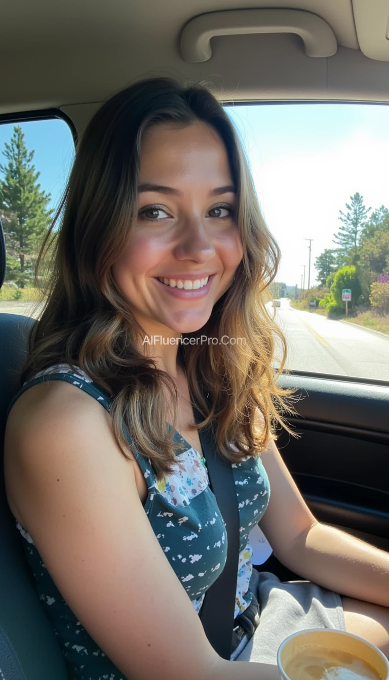 boring low quality snapchat photo circa 2015, A young woman with a warm smile, sitting in the driver's seat of a cozy car. She has soft, wavy brown hair cascading past her shoulders. The sunlight streams through the window, casting a gentle glow on her face. The interior of the car is neat and comfortable, with a coffee cup in the cup holder and a small plant on the dashboard. The background outside the window shows a scenic road lined with trees and blue skies