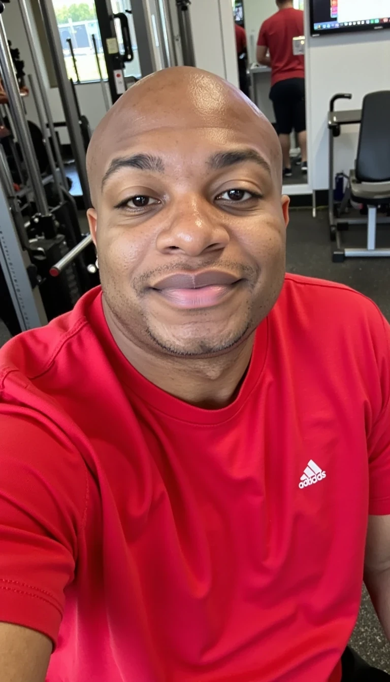 Reality filter , red t shirt, sitting at the gym,  smiling and same face of Carter with bald head, real look, cstmdl