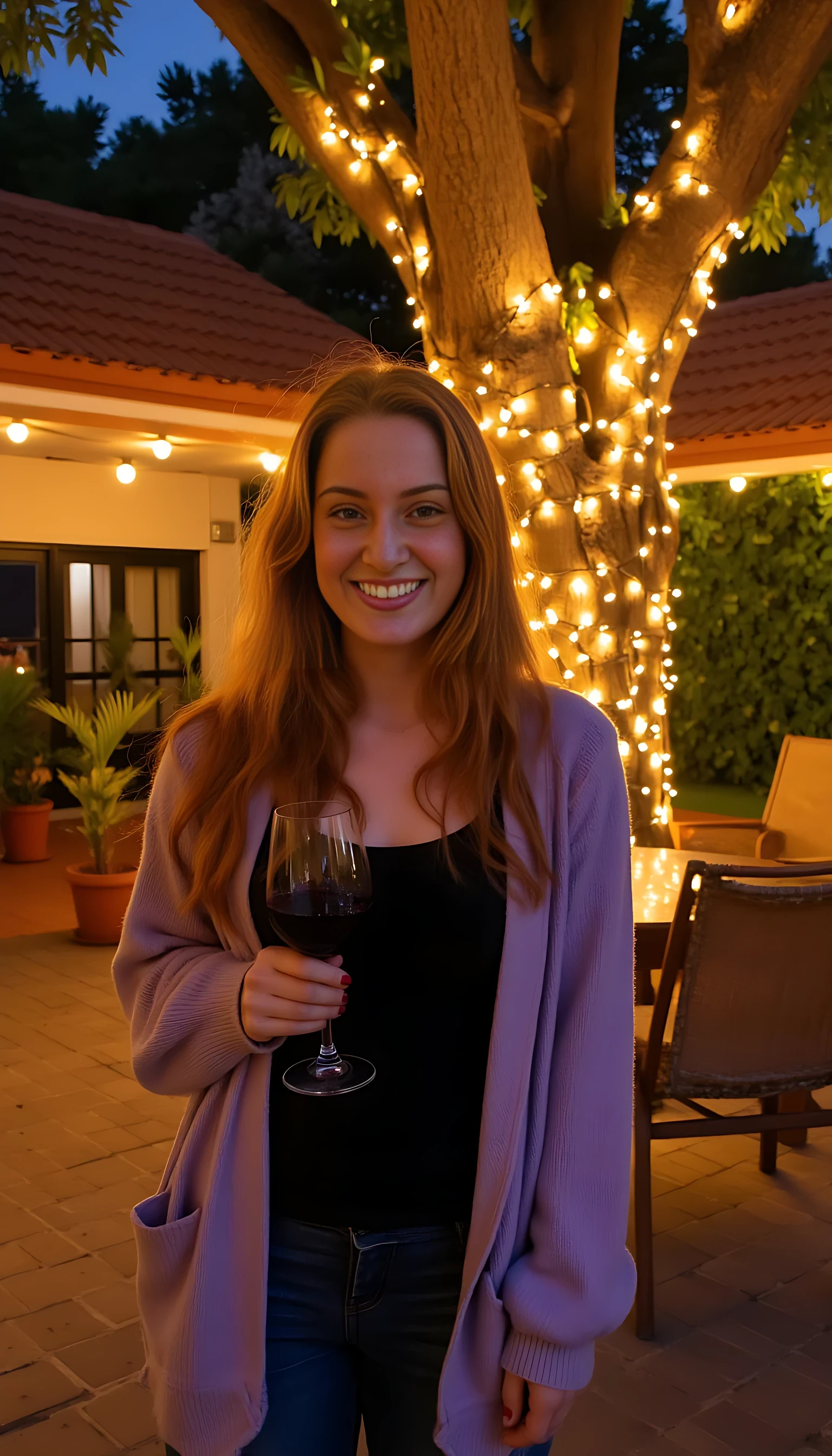 A full body shot photo of a woman standing outdoors at a cozy, warmly lit patio in the evening, with soft, glowing lights wrapped around a tree behind them creating a charming atmosphere. The image is rich in detail, with warm tones and clear textures throughout. The woman has fair skin, a slim build, and long reddish-blonde hair, also worn loose. She is smiling warmly at the camera, holding a glass of red wine in her right hand, and wears a soft-textured lavender cardigan over a black top. The background features a large tree with sparkling string lights wrapped around its trunk and branches, adding a magical touch to the scene. The setting suggests a private outdoor seating area, with elements like terracotta-tiled roofing, greenery, and rattan chairs contributing to a serene, inviting vibe. The overall composition is balanced, with the woman framed against the softly glowing tree, and the lighting enhances the warm, intimate feel of a quiet evening shared among friends. The details are vivid, with textures of clothing, skin, and background elements clearly visible, while the warm lighting creates a relaxed and joyful mood