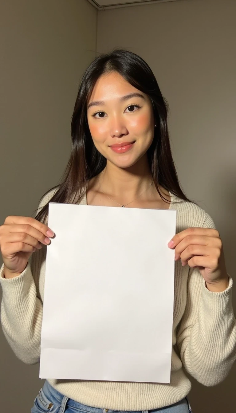 photo of woman CSTMDL, low quality snapchat photo circa 2015, holding a piece of white paper, realistic photo, sun lighting, long sleeve clothes, upper body photo, wall background 