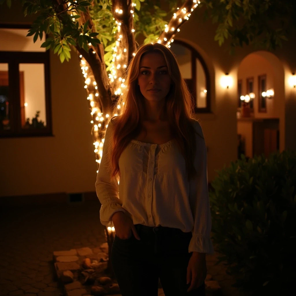 A full body shot photo of a woman standing outside the house cozy, warmly lit patio in the evening, with soft, glowing lights wrapped around a tree behind them creating a charming atmosphere. The image is rich in detail, with warm tones and clear textures throughout. The woman has fair skin, a slim build, and long reddish-blonde hair,