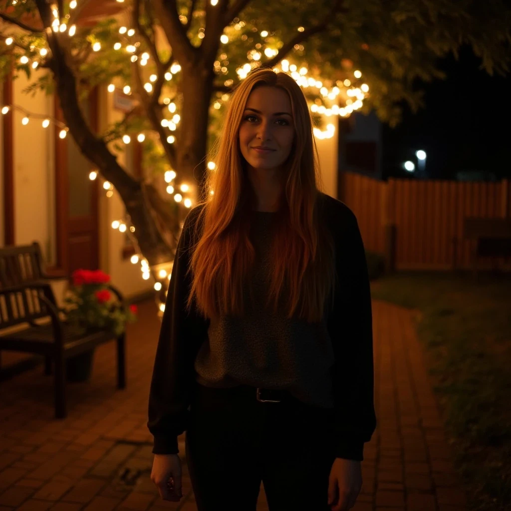 A full body shot photo of a woman standing outside the house cozy, warmly lit patio in the evening, with soft, glowing lights wrapped around a tree behind them creating a charming atmosphere. The image is rich in detail, with warm tones and clear textures throughout. The woman has fair skin, a slim build, and long reddish-blonde hair,